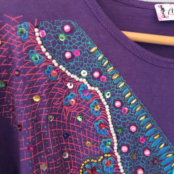 Vintage 1990's 1980's Purple Top with Bedazzled Short Sleeve Shirt Gems Jewels - Picture 7 of 7